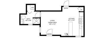 A black and white image of a floor plan for a home with a bathroom, living/dining area, and kitchen.