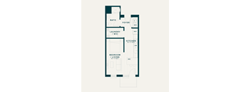 A floor plan of a small apartment with a bedroom, bathroom, laundry, kitchen, and a foyer.