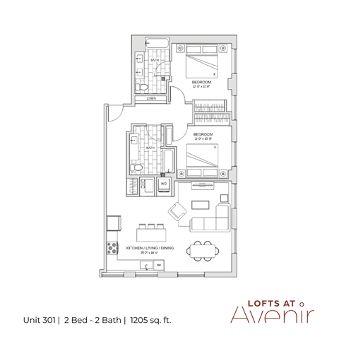 A floor plan of a 2 bedroom apartment with 2 bathrooms sized at 1205 square feet.