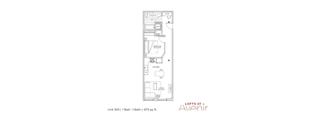 A floor plan for a one bedroom apartment with a bathroom and a kitchen.