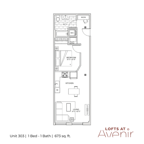A floor plan for a one bedroom apartment with a bathroom and a kitchen.