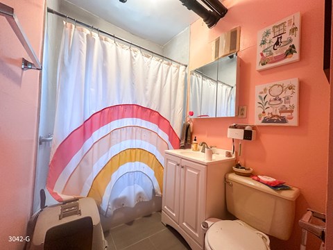 A bathroom with a rainbow shower curtain and a white cabinet.