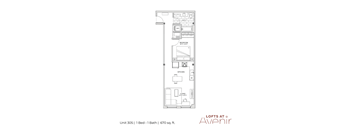 A floor plan for a 1 bedroom, 1 bathroom apartment at Lofts at Avenir.