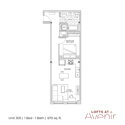 A floor plan for a 1 bedroom, 1 bathroom apartment at Lofts at Avenir.