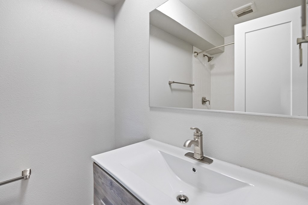 a bathroom with a sink and mirror