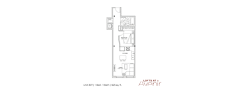 A floor plan for Lofts at Avenir showing a unit with 1 bed and 1 bath.