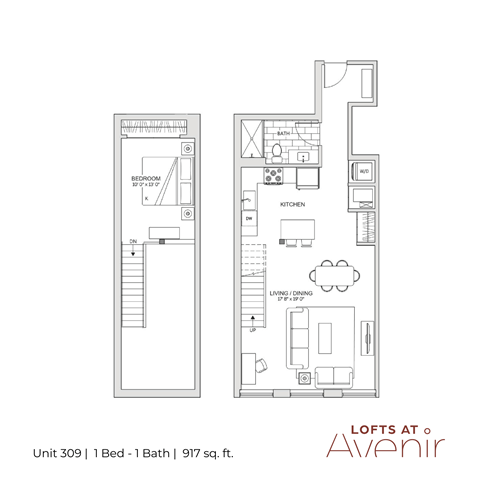 A floor plan of a one bedroom apartment with a bathroom and a living/dining room.