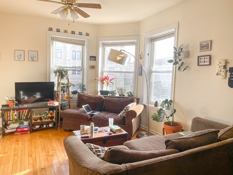 A living room with a brown couch and a television.