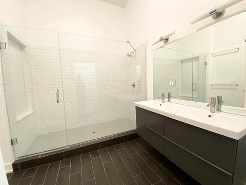A bathroom with a walk-in shower and a sink.