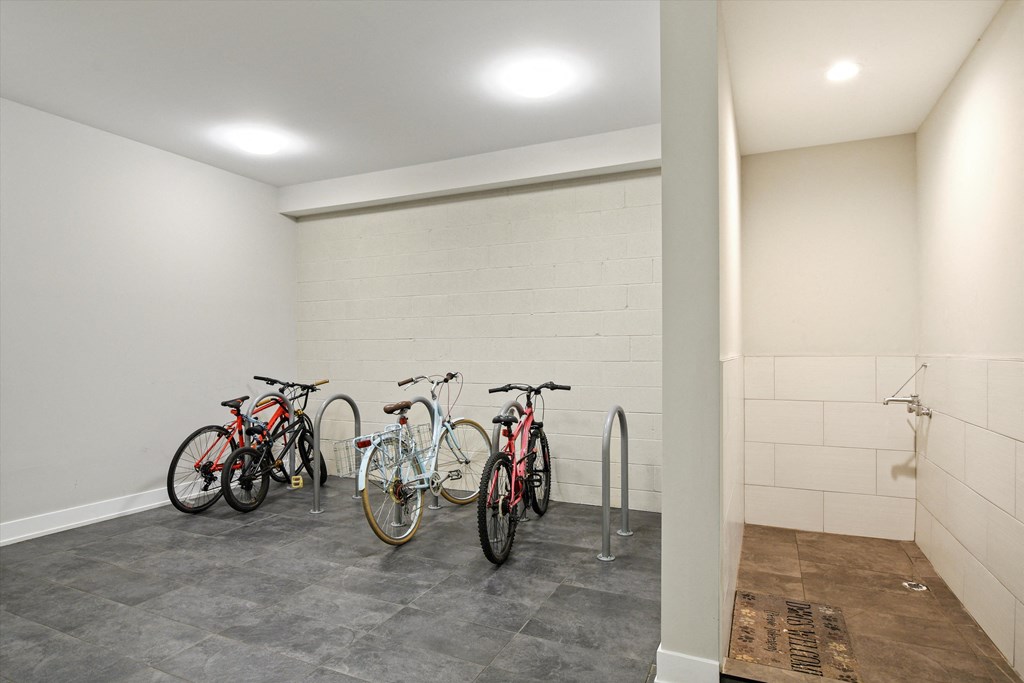 a group of bikes parked in a room