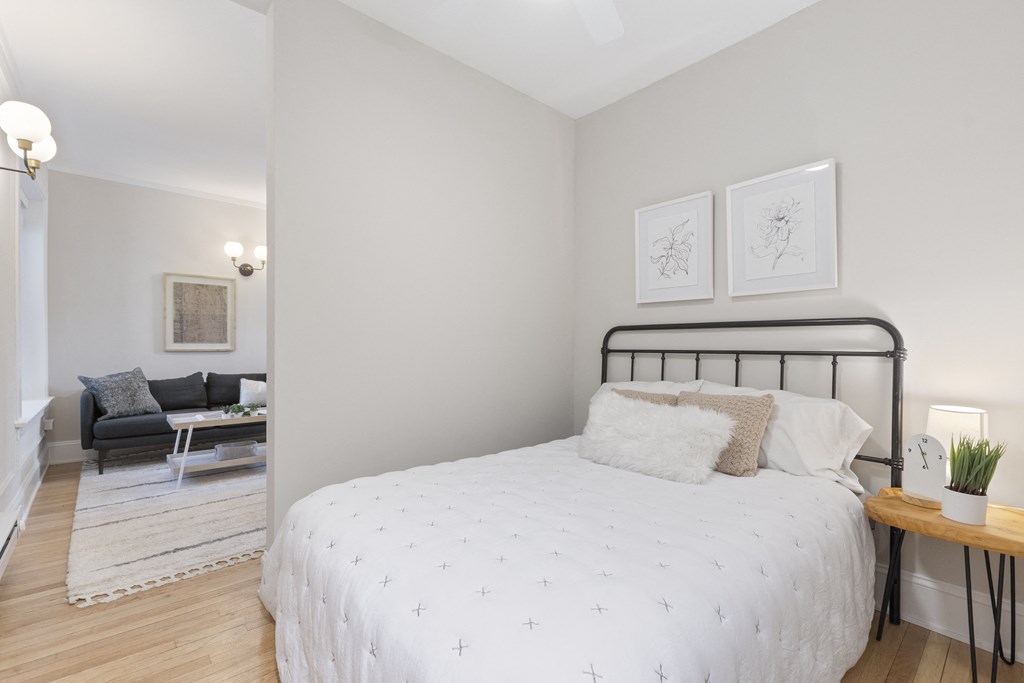 a bedroom with a bed and a living room with a couch