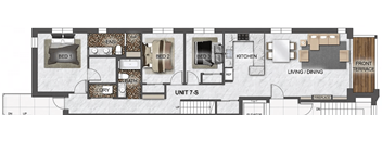 A floor plan of an apartment with three bedrooms and a kitchen.