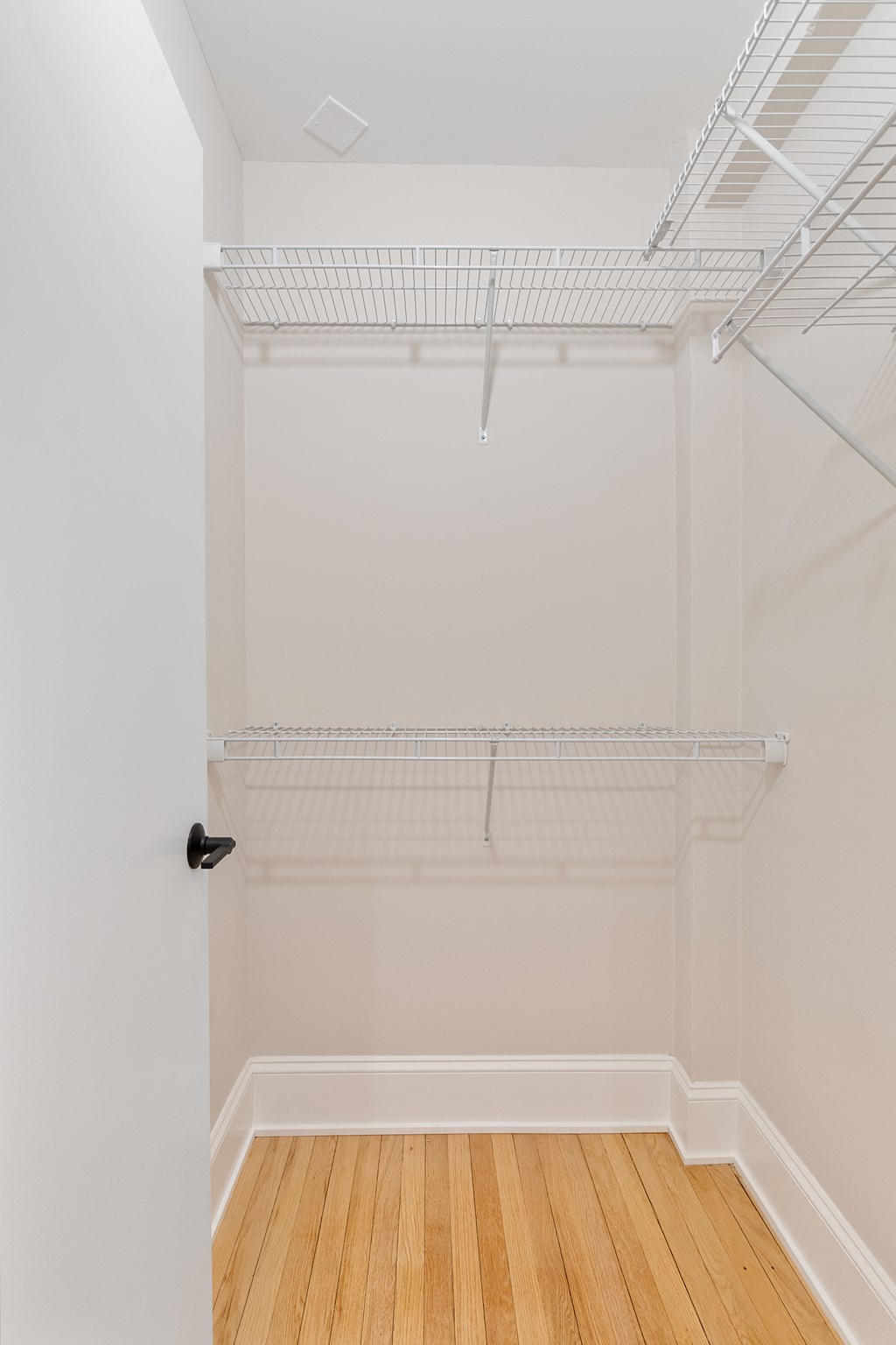 a room with white walls and a wood floor and a white closet