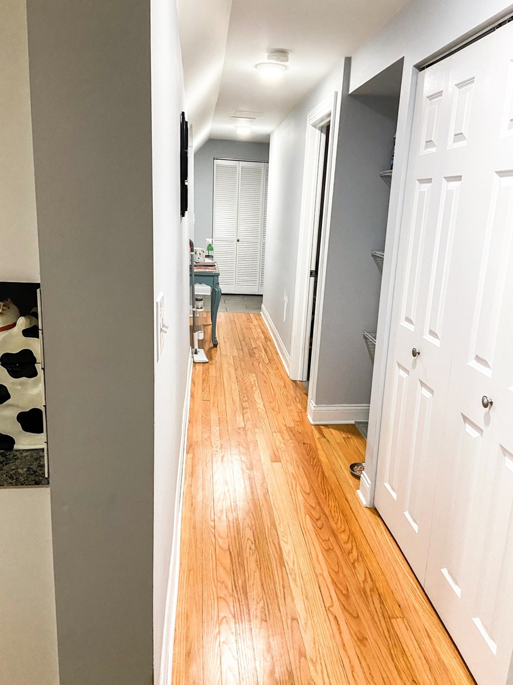 A hallway with a white door and a white wall.