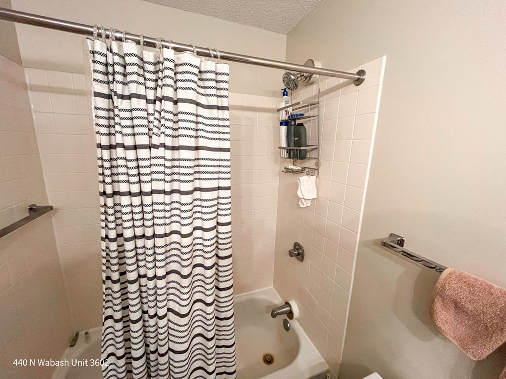 a bathroom with a shower and a toilet and a shower curtain