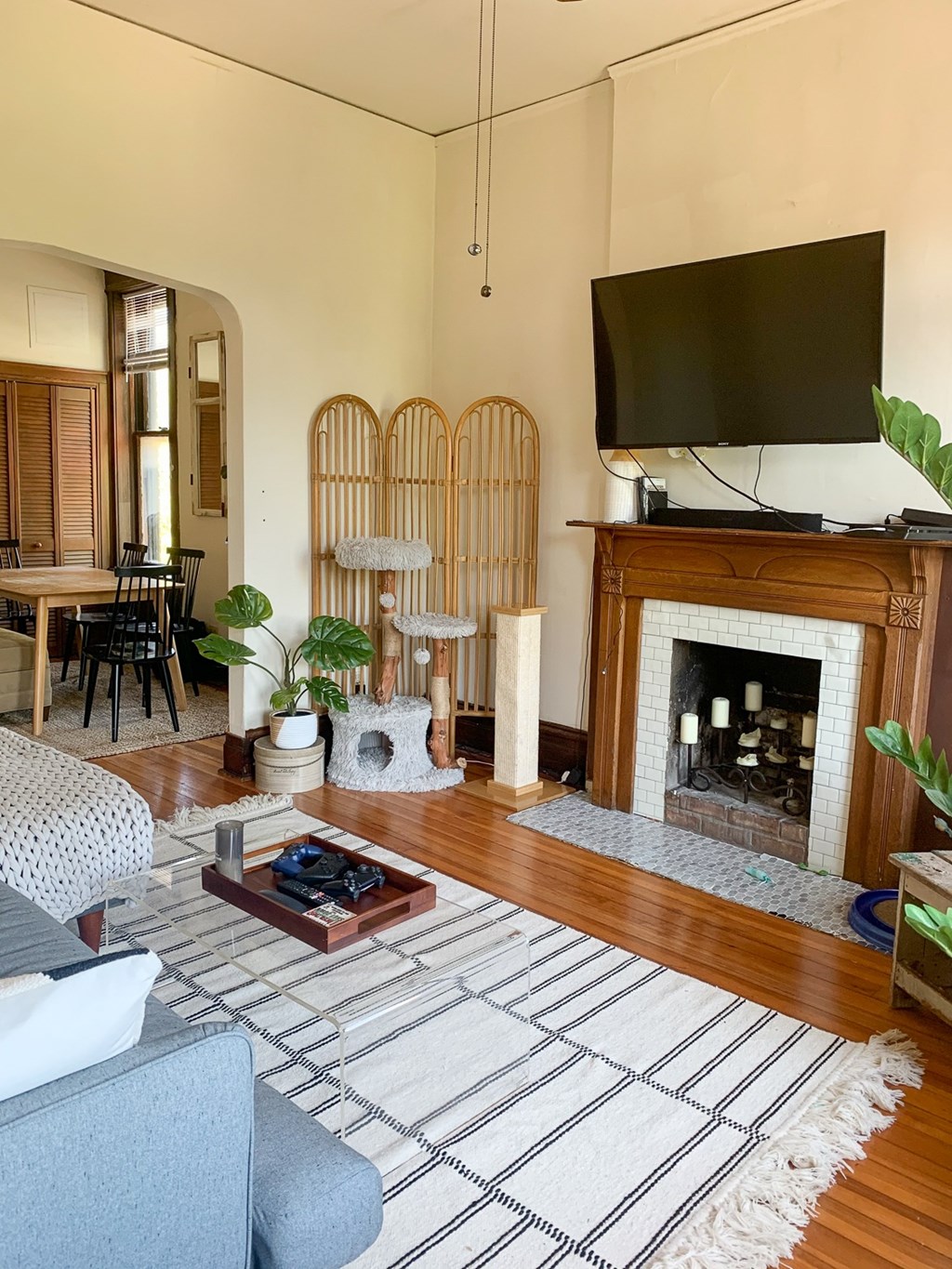 A living room with a fireplace and a television.