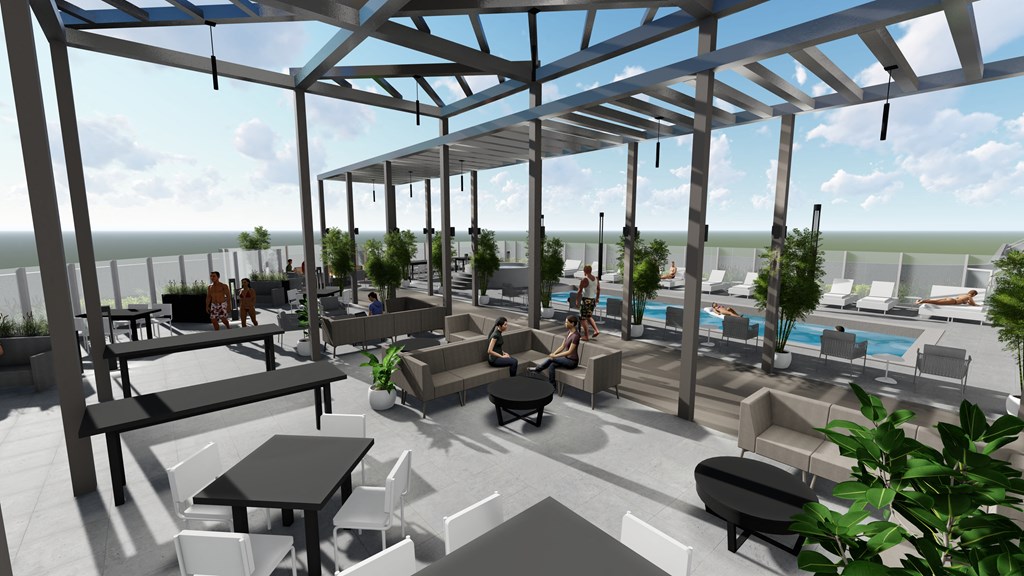 a rendering of a patio area with a swimming pool and tables