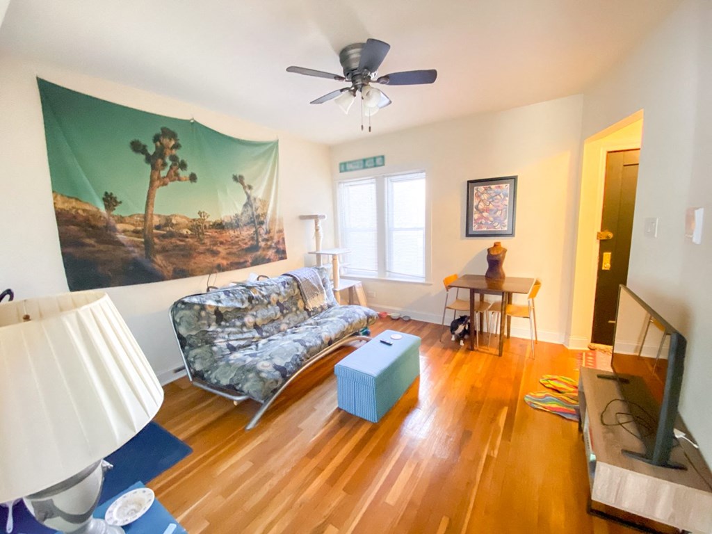 a living room with a couch and a ceiling fan