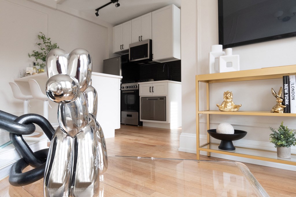 a statue of a rabbit in a living room