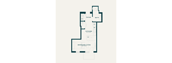 A floor plan of a home with a kitchen, bathroom, and bedroom/living room.