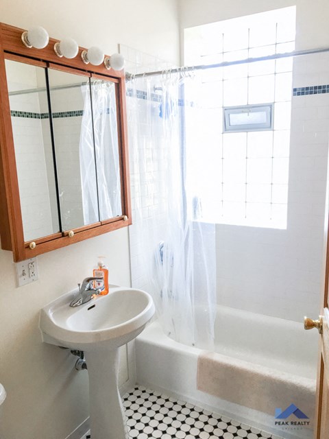 a small bathroom with a sink and a shower curtain