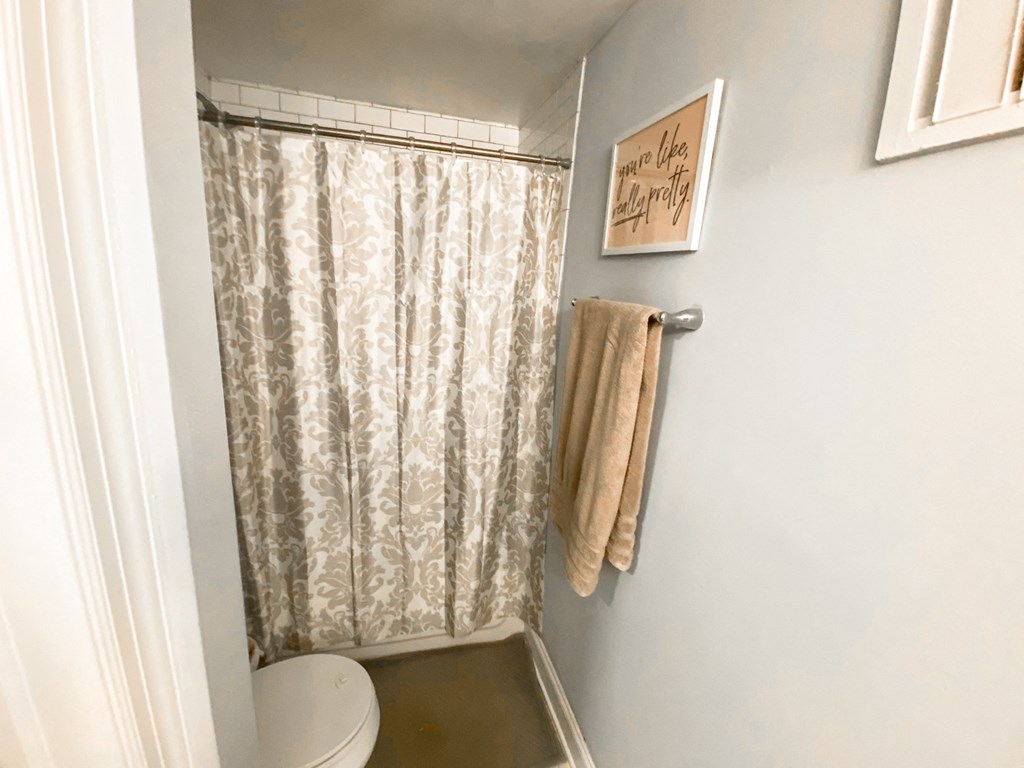 the bathroom has a shower curtain and two towels