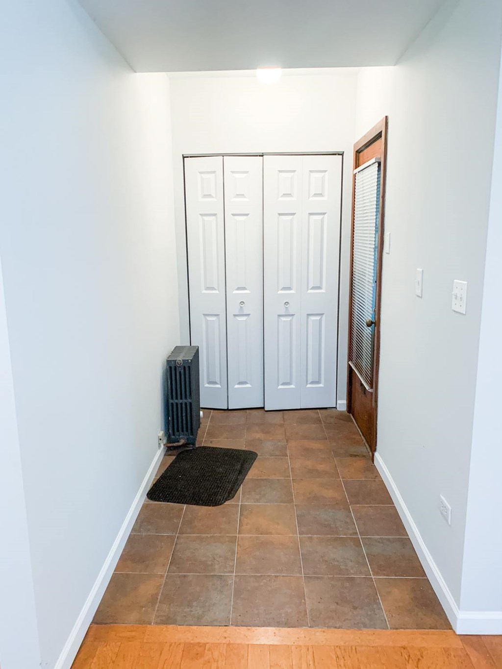 A hallway with a white door and a black mat on the floor.