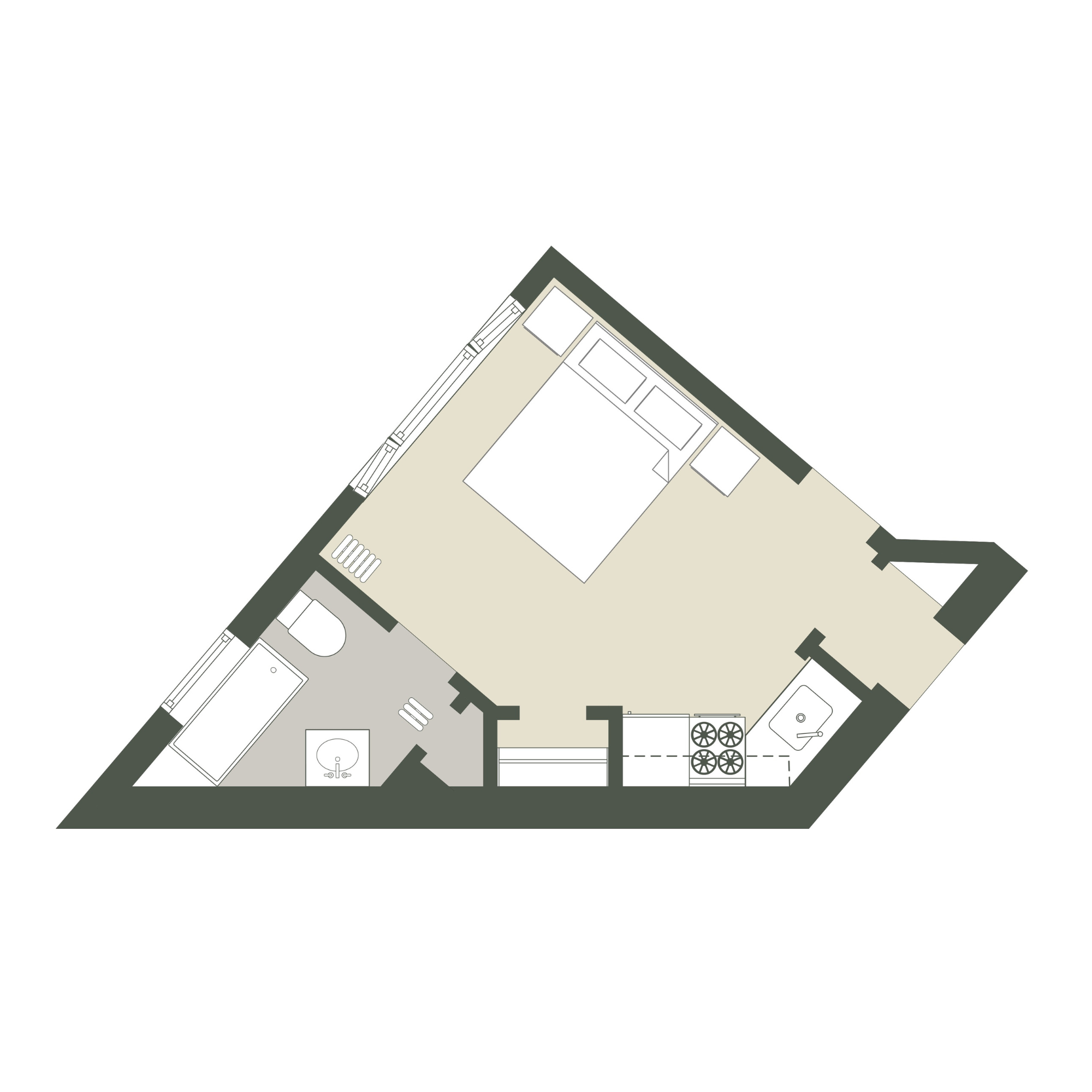 A floor plan of a house with a kitchen, living room, and two bedrooms.