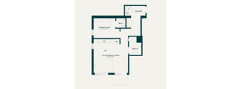 A floor plan of a small apartment with a bedroom, kitchen, bathroom, and a foyer.