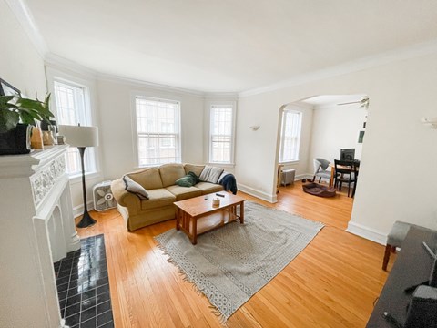 A living room with a fireplace, couch, and rug.
