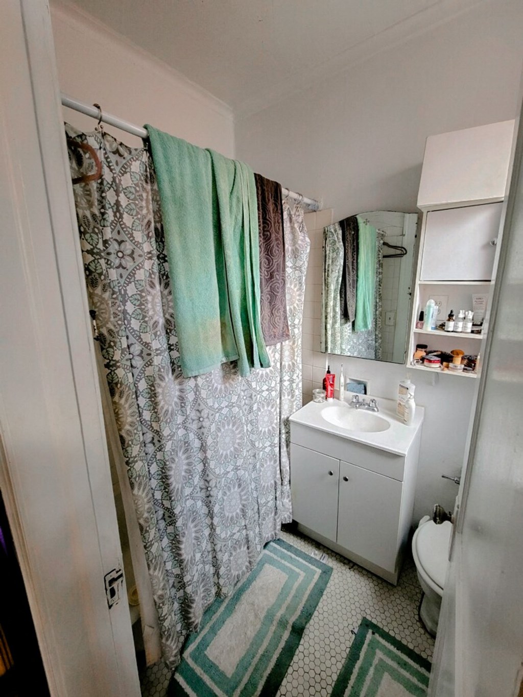 a small bathroom with a shower and a sink