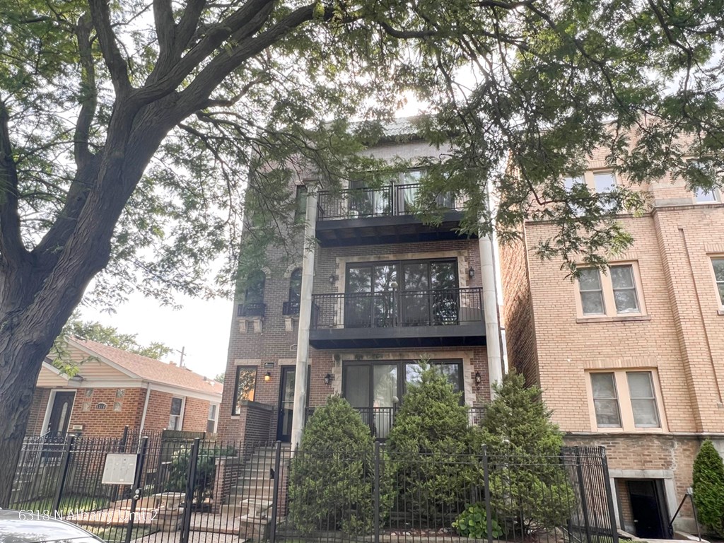 an apartment building with a large tree in front of it
