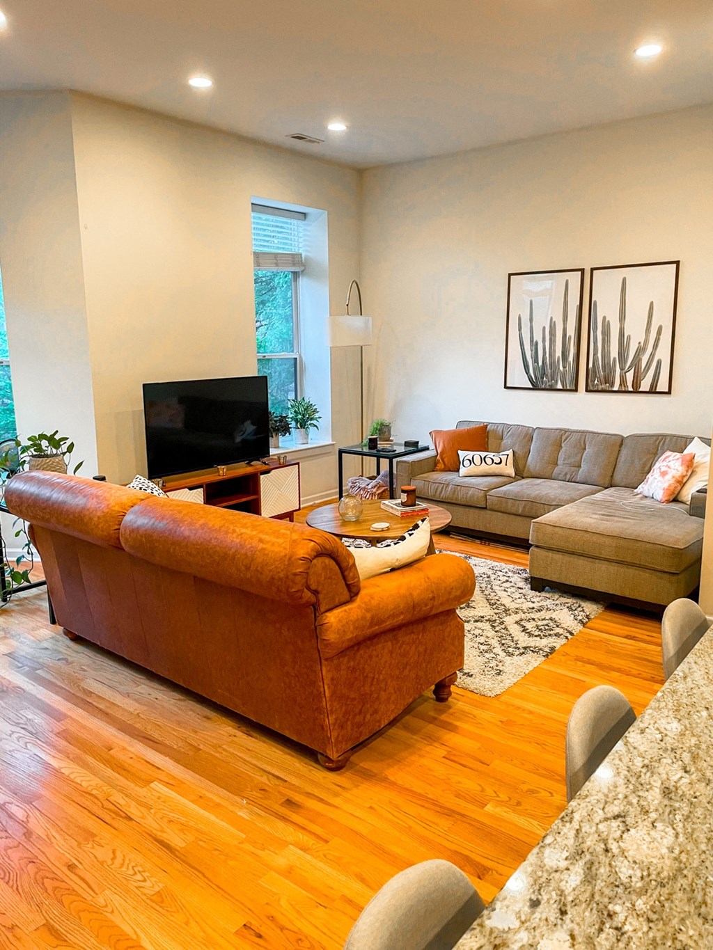 a living room with couches and a tv
