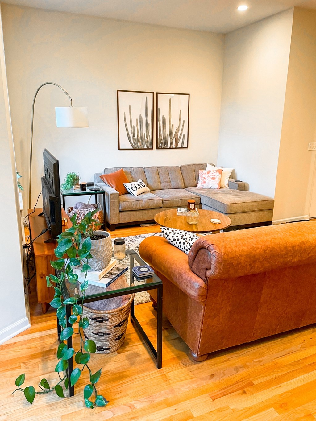 a living room with a couch and a table