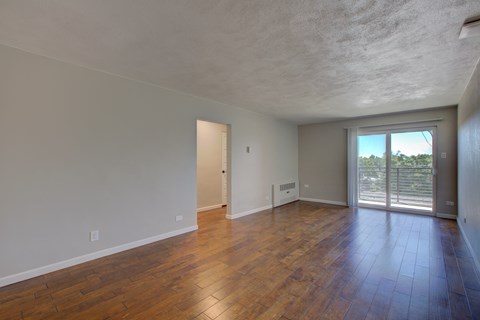 A room with wooden floors and a sliding glass door.