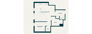 A floor plan of a small apartment with a living room, kitchen, bedroom, bathroom, and a foyer.
