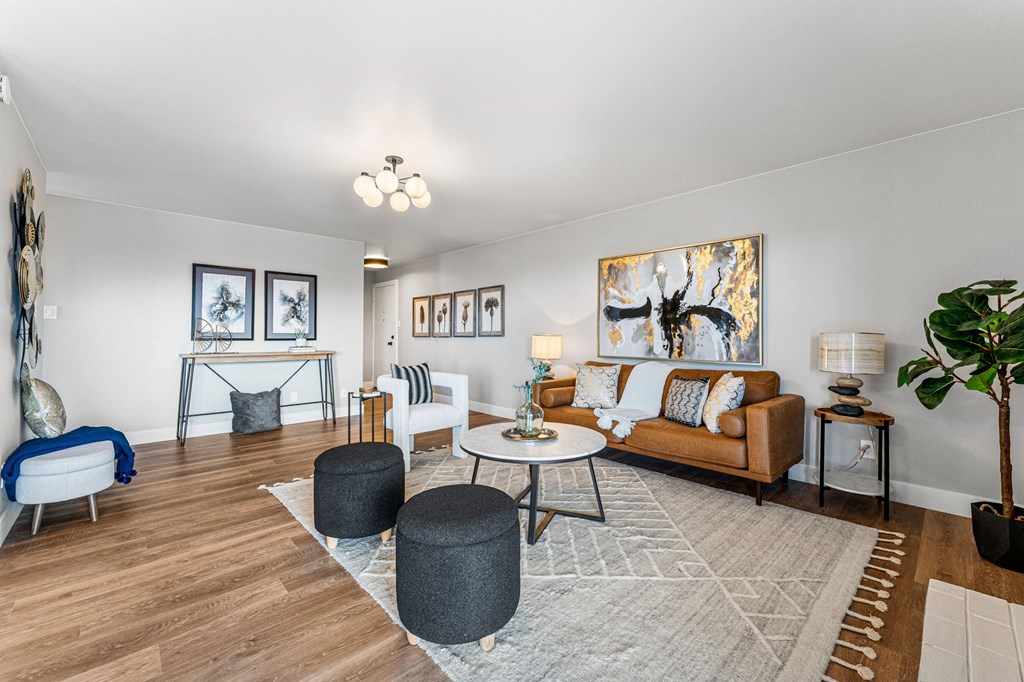 a living room with a couch and chairs and a rug