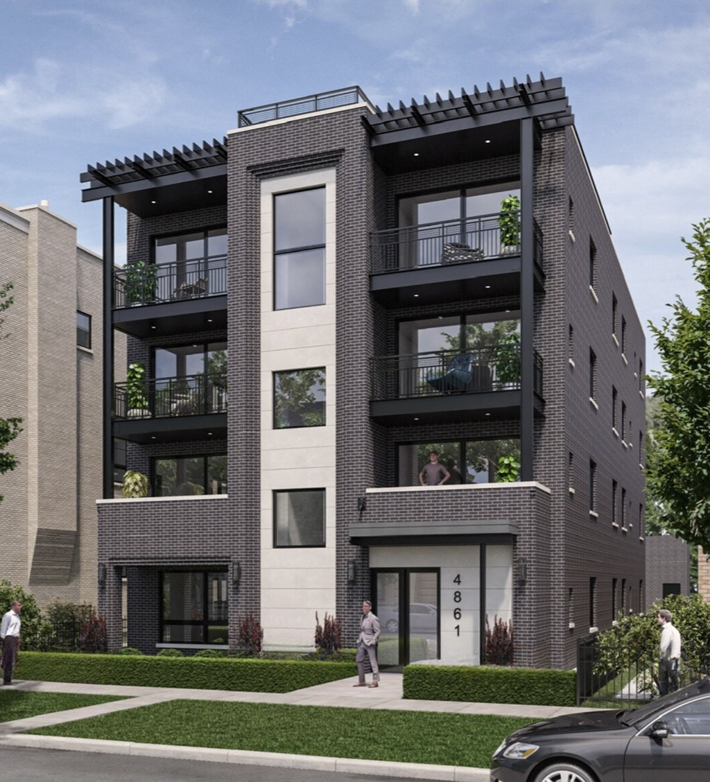 a rendering of a three story apartment building on a city street