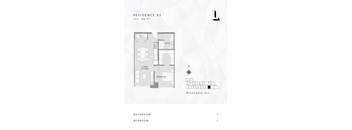 One-bedroom, one-bathroom floor plan at L Logan Square Apartments, offering a well-designed layout for comfortable and functional living spaces.