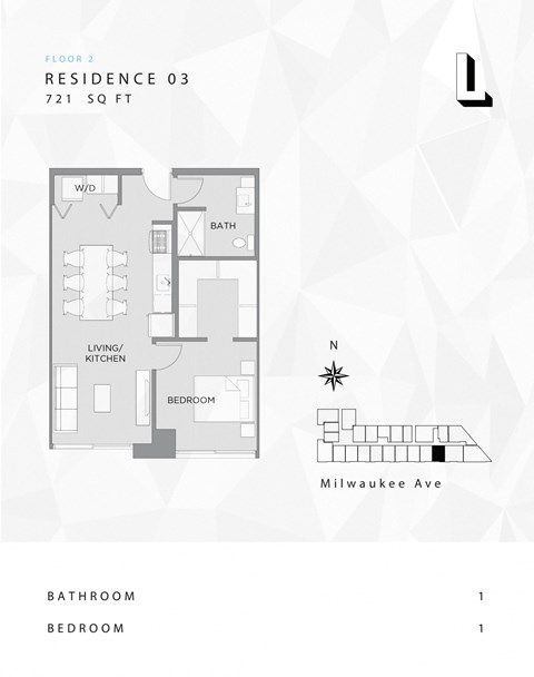 One-bedroom, one-bathroom floor plan at L Logan Square Apartments, offering a well-designed layout for comfortable and functional living spaces.