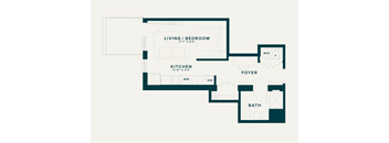 A floor plan of a small apartment with a living room, kitchen, bathroom and foyer.