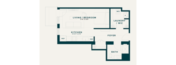 A floor plan of a small apartment with a living room, kitchen, bathroom, and laundry room.