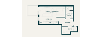 A floor plan of a home with a living room, kitchen, laundry/wet room, foyer and bath.