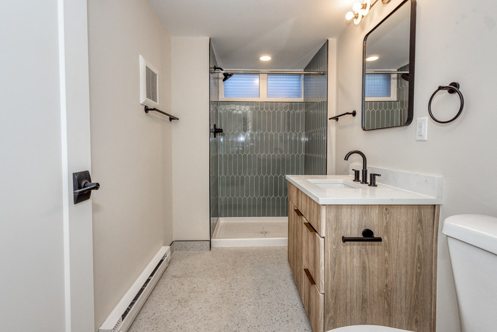 a bathroom with a sink and a shower and a toilet