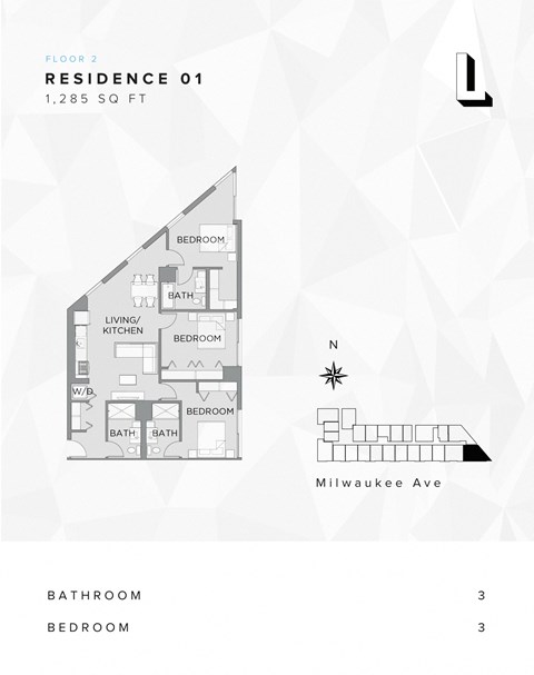 3-bed, 3-bath floor plan at L Logan Square Apartments, featuring spacious layout and multiple private bathrooms for convenience and privacy.