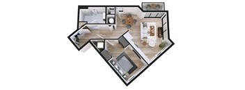 A top down view of a house layout with a kitchen, living room, dining room, and bedrooms.