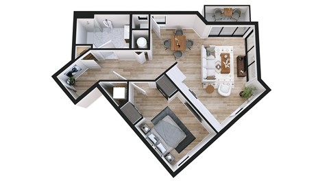 A top down view of a house layout with a kitchen, living room, dining room, and bedrooms.