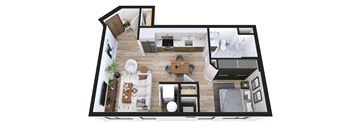 A top-down view of a modern apartment layout.