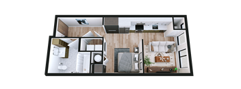 A top-down view of a modern apartment layout with a kitchen, living room, and bedroom.