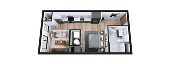 A top-down view of a modern living room with a kitchen area.